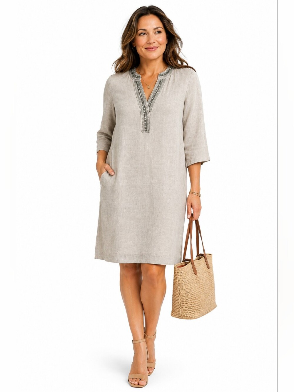 beaded tunic dress Chico's | Dresses | Chicos Linen Size M Beige Rhinestone Pockets Polished yet effortless region-Ukraine Kendall Jenner goes Parisian Length:Semi Tall